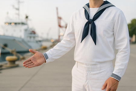 AI generated A sailor stands at the edge of the frame gesturing toward a bustling harbor with ships and docks. The scene conveys adventure, travel, and maritime life with a warm, inviting atmosphere.の素材