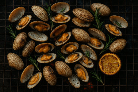 AI generated top view of grilled clams on charcoal grid with rosemary and lemon highlights juicy texture smoky flavor and rustic natural light for appetizing appealの素材