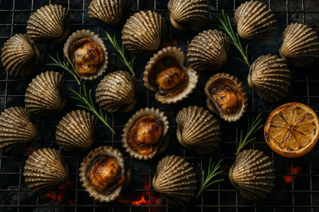 AI generated top view of grilled cockles on charcoal with rosemary and lemon using natural light and smoke to highlight texture and deliciousnessの素材
