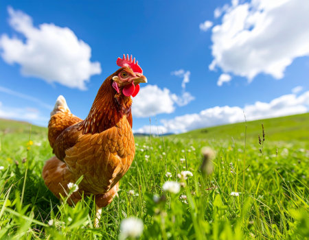 AI generated cheerful chicken peeking with friendly smile from side view in bright green meadow under clear blue sky with white clouds perfect for farm and poultry themesの素材