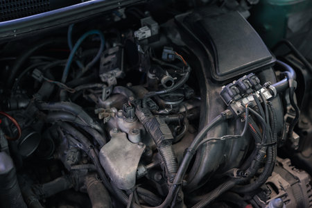 Car mechanic drain the old lubricant engine oil at car garage for changing the oil in a car engine