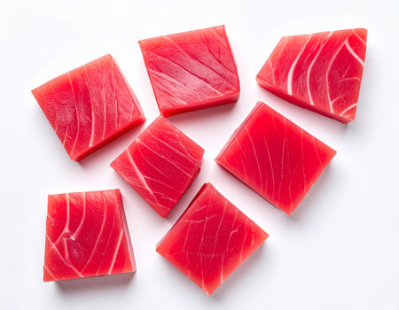 AI generated top view of fresh raw tuna meat cut into thick premium chunks showcasing vibrant red color and glistening texture on clean white backgroundの素材