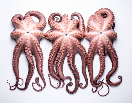 AI generated top view of fresh whole octopus with glistening skin and curled tentacles arranged neatly showcasing premium seafood against clean white backgroundの素材