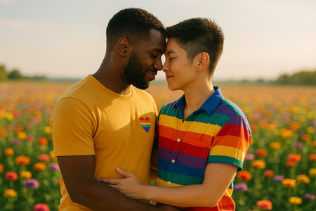 AI generated image of a Black man and an Asian tomboy embracing with love in a vibrant flower field wearing rainbow outfits showing LGBTQ pride under warm sunlightの素材