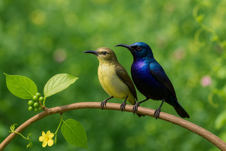 AI generated image of male and female purple sunbirds perched together on a branch with soft daylight in a fresh green forest background full of leaves and flowersの素材