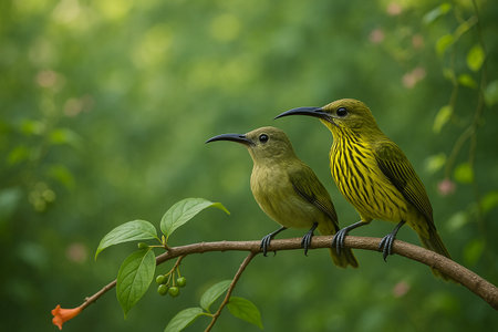 AI generated image of male and female streaked spiderhunters perched together on a curved branch in a lush forest with vibrant green tones and clean daylight background for design useの素材