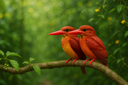 AI generated image of a male and female ruddy kingfisher perched on a branch in a vibrant green forest under daylight with calm natural atmosphere and tropical freshnessの素材