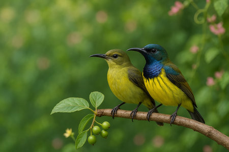 AI generated image of male and female olivebacked sunbirds perched together on a branch in a lush forest setting with soft light and natural backgroundの素材