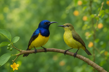 AI generated image of a male and female olivebacked sunbird perched side by side on a tree branch in a lush forest with soft flowers and daylight atmosphereの素材