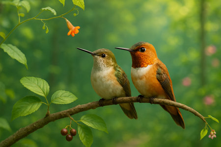AI generated image of male and female rufous hummingbirds perched on a leafy branch with berries and flowers in a vibrant green forest under natural daylightの素材