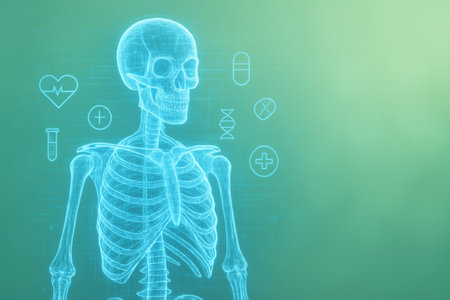 AI generated holographic human skeleton with glowing blue lines and medical interface icons on green background shows innovation and health technology conceptの素材