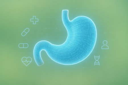 AI generated holographic stomach in glowing blue light with digital medical UI icons on green background representing advanced healthcare and futuristic innovationの素材