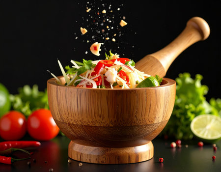 AI generated authentic thai som tum pu spicy crab papaya salad with fresh ingredients falling into wooden mortar bold flavors crunchy texture iconic street foodの素材