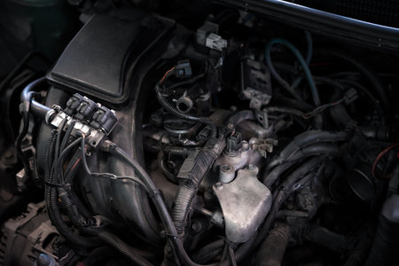Car mechanic drain the old lubricant engine oil at car garage for changing the oil in a car engineの写真素材