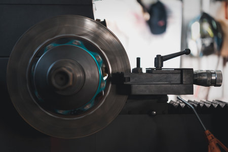 Car mechanic or serviceman disassembly and checking a disc brake and asbestos brake pads for fix and repair problem at car garage or repair shopの写真素材