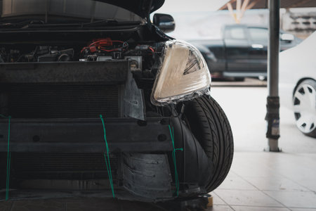 Denter or car mechanic serviceman check and fix body work and fiber bumper body part for fix and repair problem at car garage or repair shopの写真素材