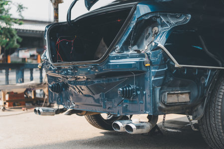 Denter or car mechanic serviceman check and fix body work and fiber bumper body part for fix and repair problem at car garage or repair shopの写真素材