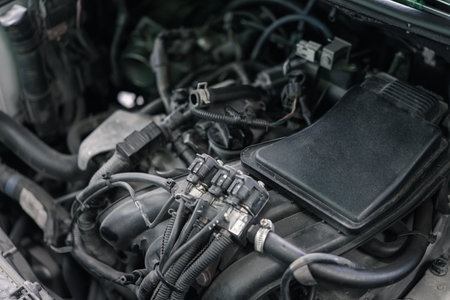 Car mechanic drain the old lubricant engine oil at car garage for changing the oil in a car engine