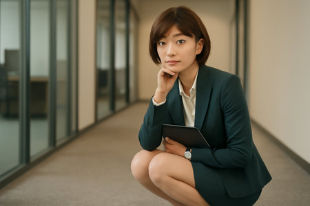 AI generated portrait of a young Asian woman in a professional office setting. She crouches gracefully while wearing a beige blazer, white shirt, and pencil skirt. The minimalist office environmentの素材