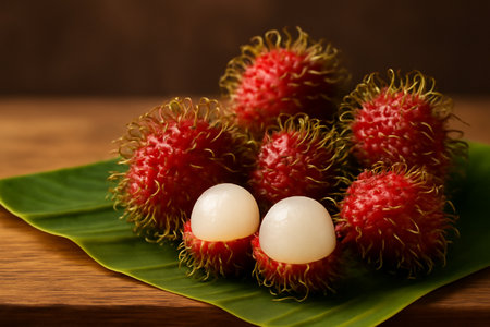 AI generated close-up shot of rambutan fruits with vibrant red skin and juicy flesh on banana leaves. The image captures a tropical atmosphere, Perfect for nature and food photography.の素材