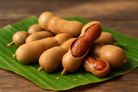 AI generated close-up of tamarind pods on banana leaves with water droplets. The fruits are displayed with rich textures and vibrant colors, creating tropical atmosphere full of warmth and freshness.の素材