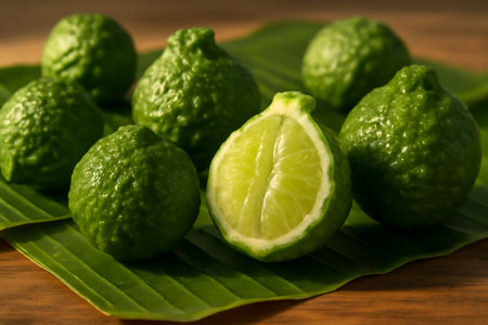 AI generated close-up shot of fresh kaffir limes on banana leaves. Vibrant limes with droplets and peeled sections create a fresh tropical vibe under soft sunlight. A perfect image for culinaryの素材