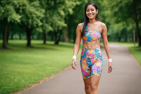 AI generated image of a 19-year-old Thai woman smiling in colorful abstract activewear, walking through a park radiates joy and confidence, her vibrant sportswear reflecting her energetic personalityの素材