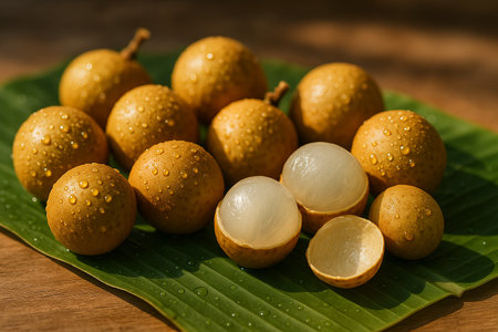 AI generated close up of fresh longan fruits with water droplets on banana leaves in warm sunlight tropical atmosphere soft background focus on juicy peeled and whole fruitsの素材