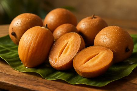 AI generated close-up of fresh sapodilla fruits on a wooden table, revealing juicy orange flesh and natural dewdrops. The warm sunlight enhances the tropical atmosphere. Clean backgroundの素材