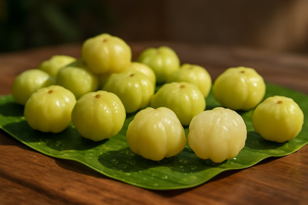 AI generated close-up of fresh star gooseberries on banana leaves showcasing vibrant fruit with water droplets, soft shadows, and warm natural light creating a tropical atmosphere.の素材