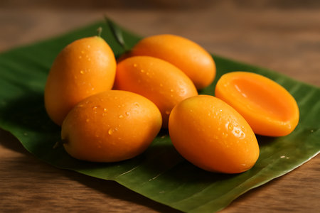 AI generated close-up shot of fresh sweet mango plums with vibrant skin and juicy flesh. Soft light and water droplets highlight the tropical essence and freshness, creating a serene atmosphere.の素材