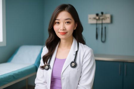 AI generated portrait of a young Asian female doctor in a white lab coat. She sits in a hospital room a serene expression, embodying professionalism and warmth. Her fair skin and confident demeanor.の素材