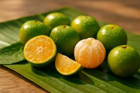 AI generated image of vibrant calamansi limes on banana leaves, showcasing whole and peeled fruit with water droplets. The warm sunlight and soft shadows evoke a tropical, refreshing moodの素材