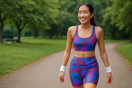 AI generated image of a 19-year-old Thai woman smiling in colorful abstract activewear, walking through a park radiates joy and confidence, her vibrant sportswear reflecting her energetic personalityの素材
