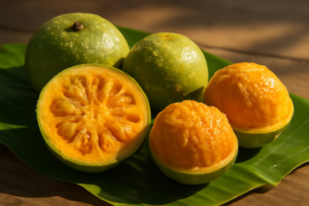 AI generated close-up of bael fruits on a wooden table with banana leaves. Sunlight highlights the vibrant orange pulp, droplets, and soft shadows, evoking a tropical, fresh, and natural atmosphere.の素材