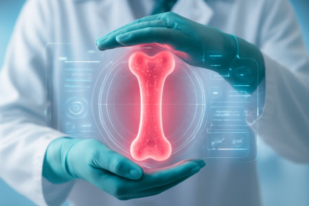 AI generated digital rendering of a medical professional carefully protecting glowing holographic bone marrow, symbolizing advanced diagnostics and precision care in a futuristic medical environment.の素材