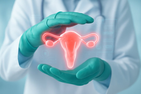 AI generated medical illustration showcasing a professional in green gloves cradling a glowing hologram of human ovaries in a scientific futuristic setting. The image conveys care, protectionの素材