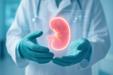 AI generated futuristic medical scene featuring a glowing holographic spleen held by a gloved hand with a digital interface, set in a clean, high-tech environment conveying precision and care.の素材