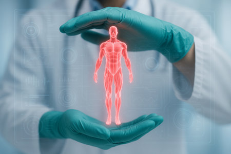 AI generated futuristic medical scene showing glowing human muscle system protected by doctor hands with green gloves in clean blue backgroundの素材