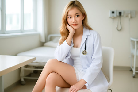 AI generated image of a young Asian female doctor with blonde hair, wearing a white lab coat and sitting in bright hospital room. Her relaxed pose and professional look convey calmness and confidenceの素材