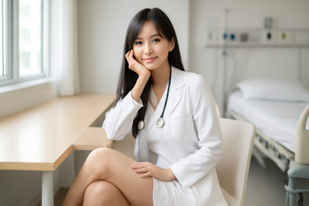 AI generated image of a young Asian female doctor smiling in a hospital room. She wears a white lab coat and sits in a modern chair, exuding a professional yet approachable vibe. The setting is cleanの素材