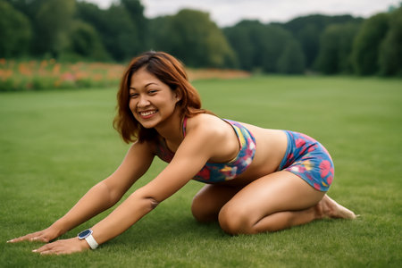AI generated a vibrant image of a young Asian woman performing a seated twist yoga pose outdoors, dressed in a colorful sports outfit. The scene is illuminated by natural light, conveying positivityの素材
