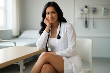 AI generated image of a young Middle Eastern female doctor in a white lab coat sitting in a hospital room. She has long wavy hair, a gentle smile, and wears a stethoscope around her neck.の素材