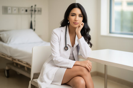 AI generated portrait of a young African female doctor sitting in a hospital room, exuding warmth and professionalism. She wears a white lab coat, has long wavy hair, and soft natural makeupの素材