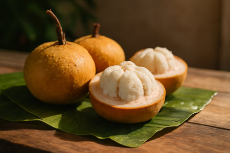 AI generated close-up of fresh santol fruits on a rustic wooden table. Whole and peeled fruits with juicy flesh, water droplets, and soft shadows capture a tropical feel with vibrant colors.の素材