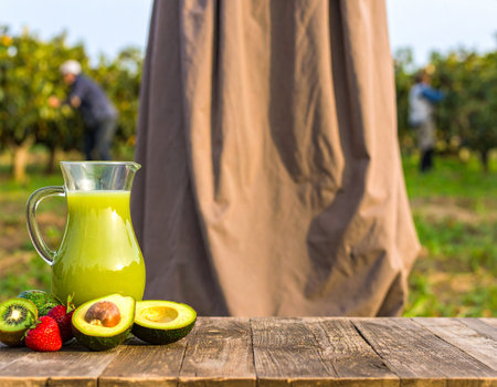 AI generated rustic wooden table featuring glass jug of blended avocado drink, sliced avocados and whole fresh fruits against sunny avocado orchard with farmers harvestingの素材