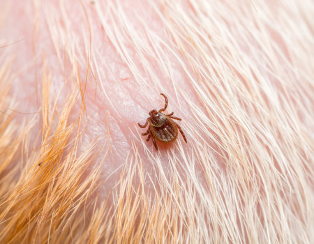 AI generated super macro close-up of a tick attached and feeding on dog skin with detailed view of mouthparts penetrating and blood feedingの素材