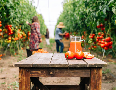 AI generated rustic wooden table with glass jug of blended tomato juice, sliced tomatoes, and whole fresh tomatoes against backdrop of sunlit tomato farm with harvesters at workの素材