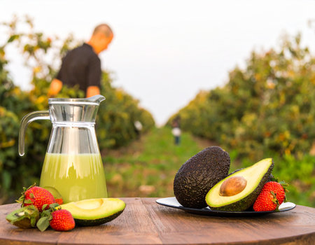 AI generated rustic wooden table featuring glass jug of blended avocado drink, sliced avocados and whole fresh fruits against sunny avocado orchard with farmers harvestingの素材