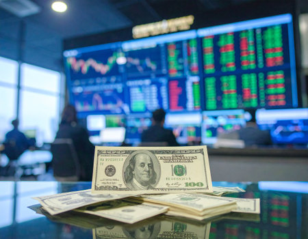 AI generated pile of crisp banknotes on reflective glass surface with active trading floor backdrop showing real-time stock market data and financial monitorsの素材